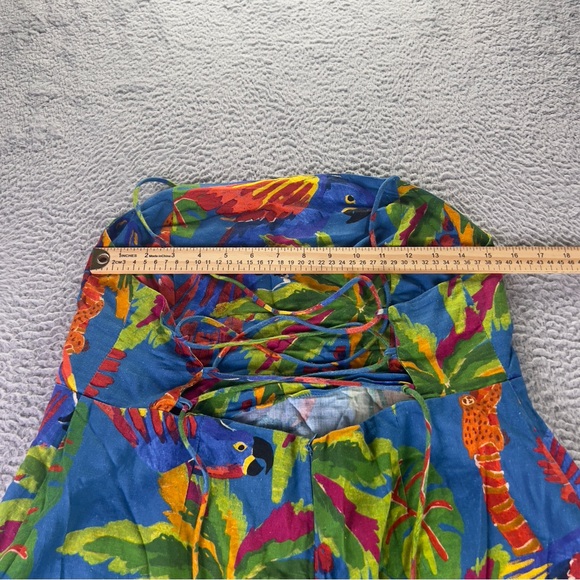 Farm Rio Sunny Day Linen Blend Mini Dress Women Large Blue Tropical Lace Up Back - Picture 6 of 10